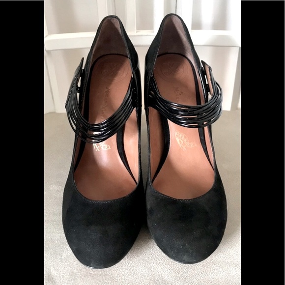 Black Suede Mary Jane Pumps High Heel Shoes w/ Snaps, sz. 38 (7.5 US)-NWT - Picture 5 of 7